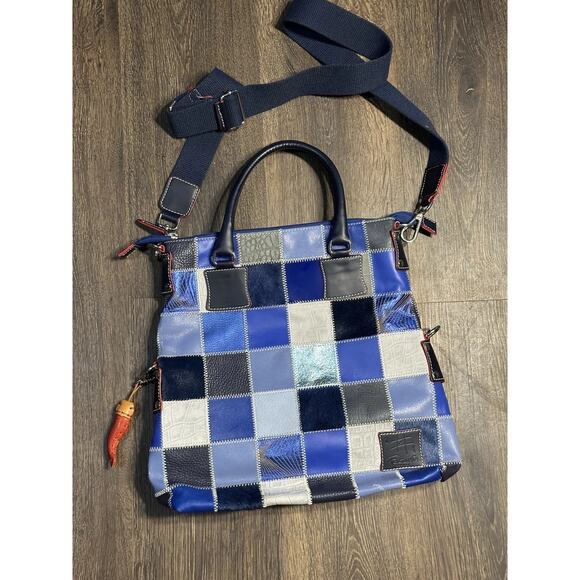 Pierotucci Fortunata Made In Italy Blue Leather Patchwork Tote Bag Purse - Picture 1 of 16